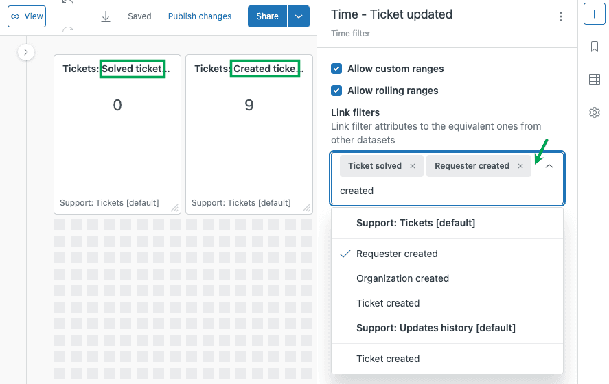 Modo de edição do painel com painel de configuração de filtro de tempo para definir intervalos de datas