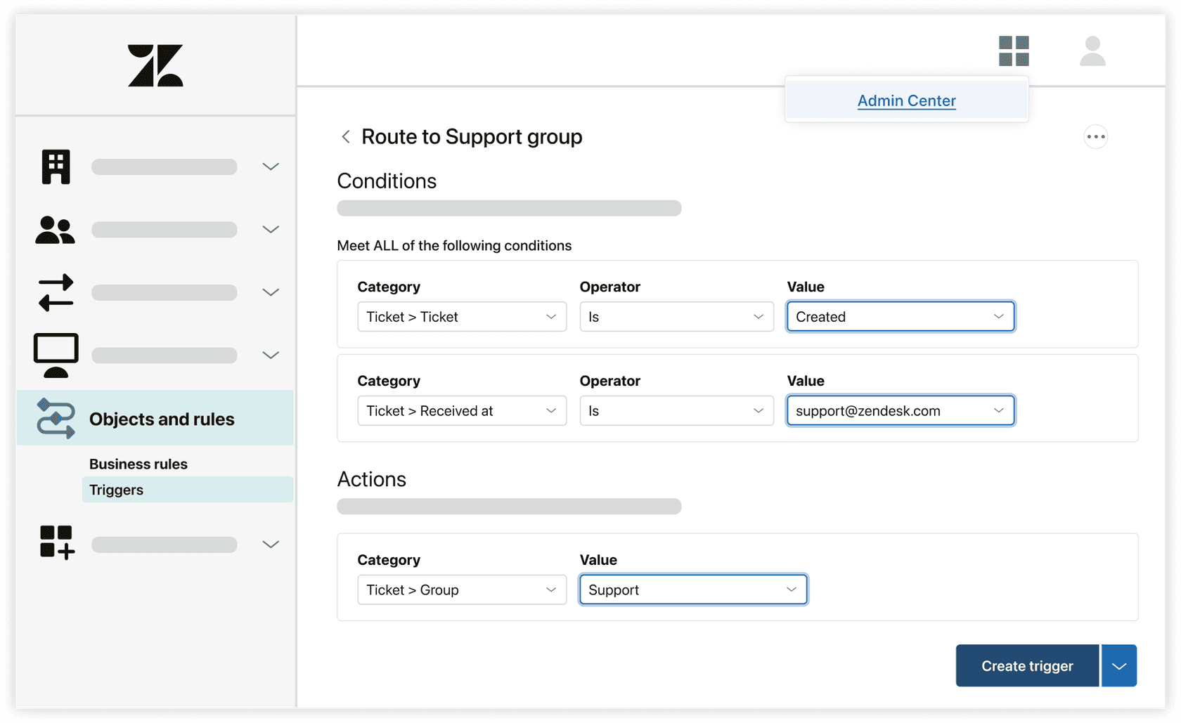 Zendesk's trigger configuration form showing conditions and actions for routing tickets to a support group.