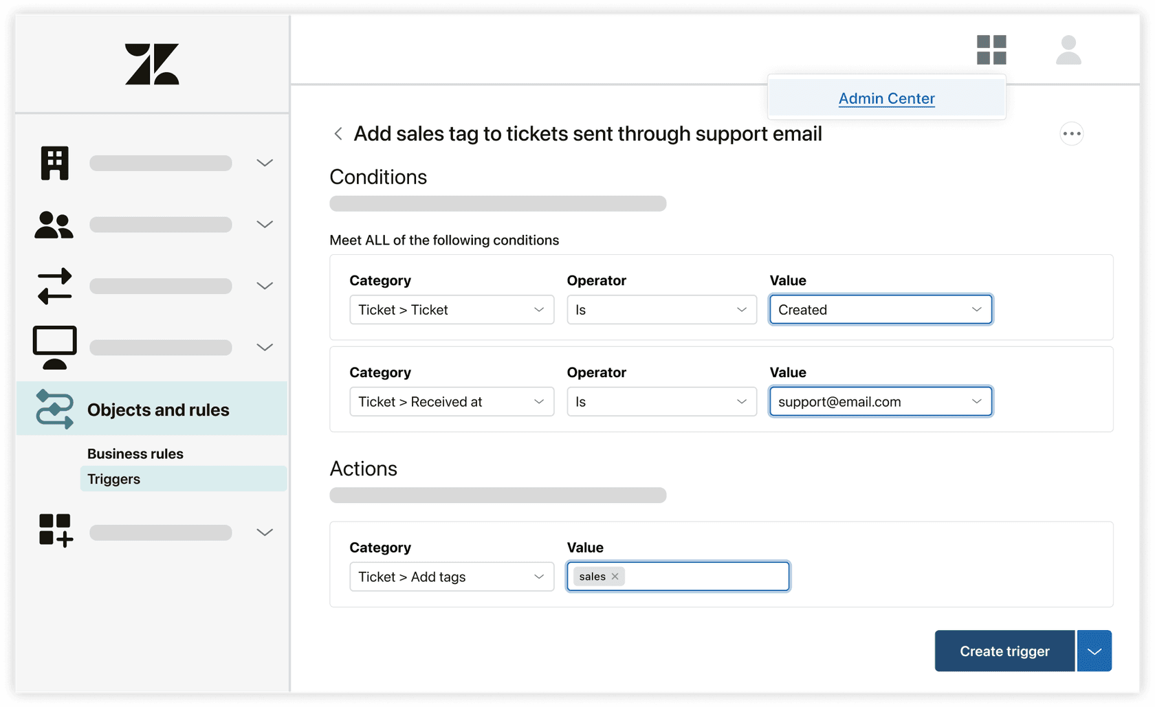 Zendesk trigger configuration screen showing conditions and actions for email-based automation