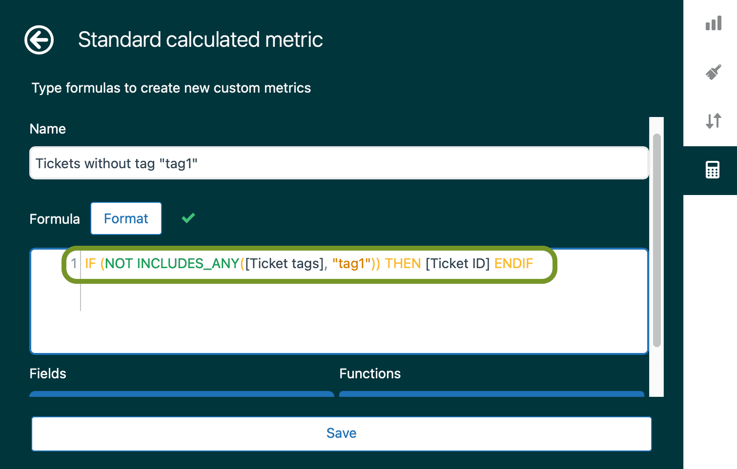 Editor de fórmula de métrica calculada do Zendesk Explore para exclusão de tag