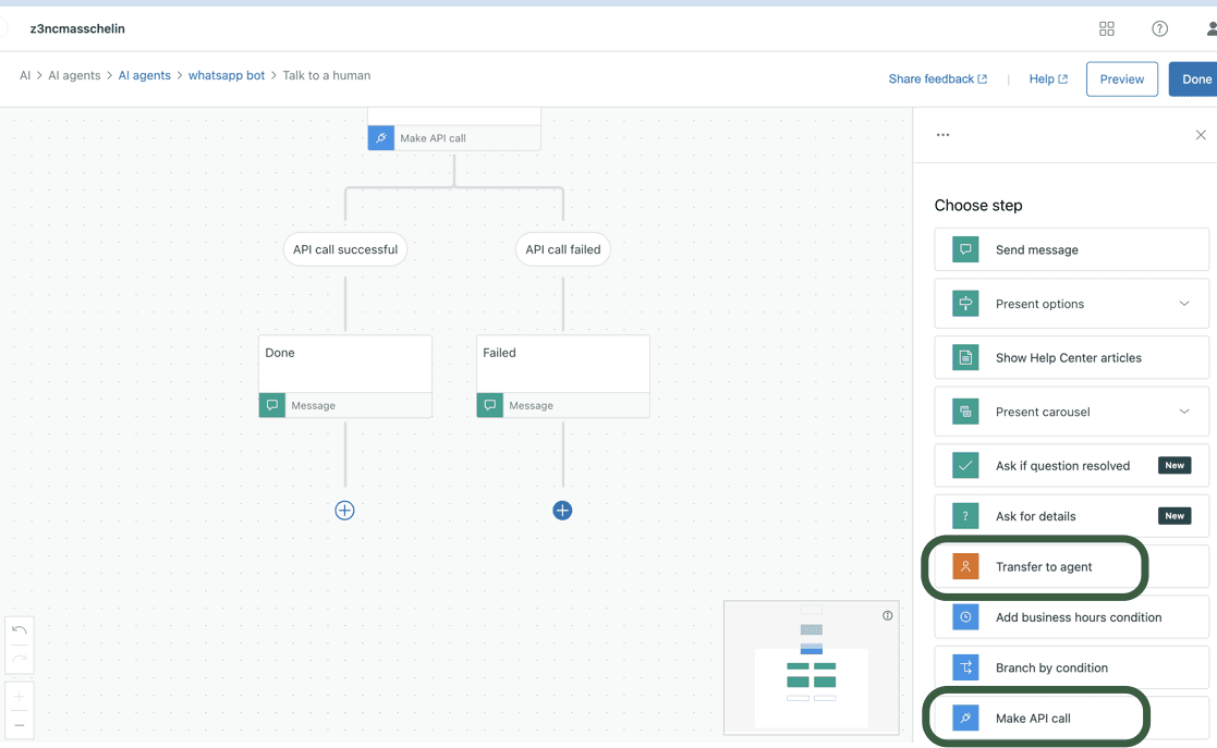 Conversational AI workflow builder showing API call steps and transfer to agent options