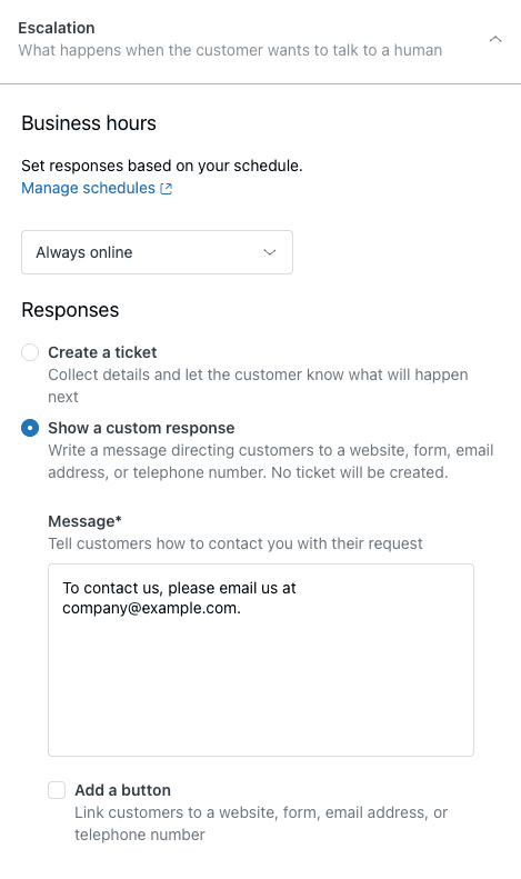 An AI agent escalation settings panel showing options for handling customer requests to talk to a human, including business hours and custom responses