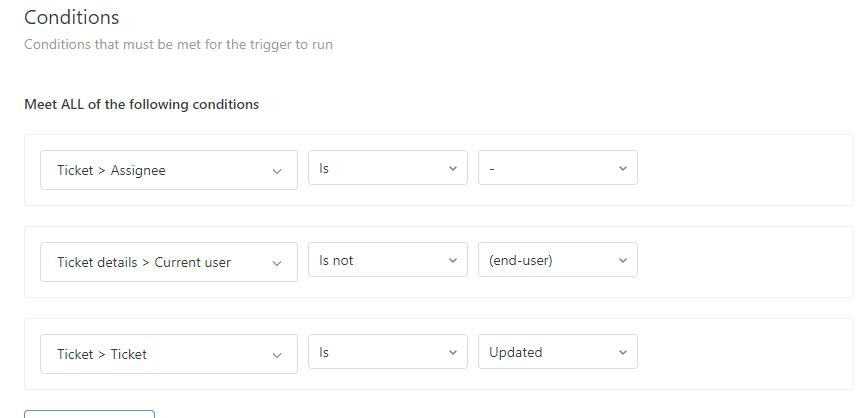 Zendesk's trigger configuration interface displaying the conditions that must be met for a trigger to run.