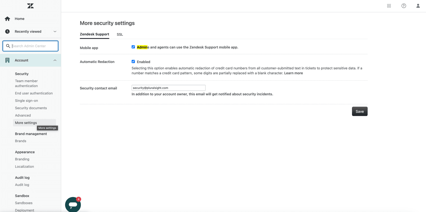 Zendesk Admin Center's 'More security settings' page displaying the 'Automatic Redaction' toggle for credit card numbers.