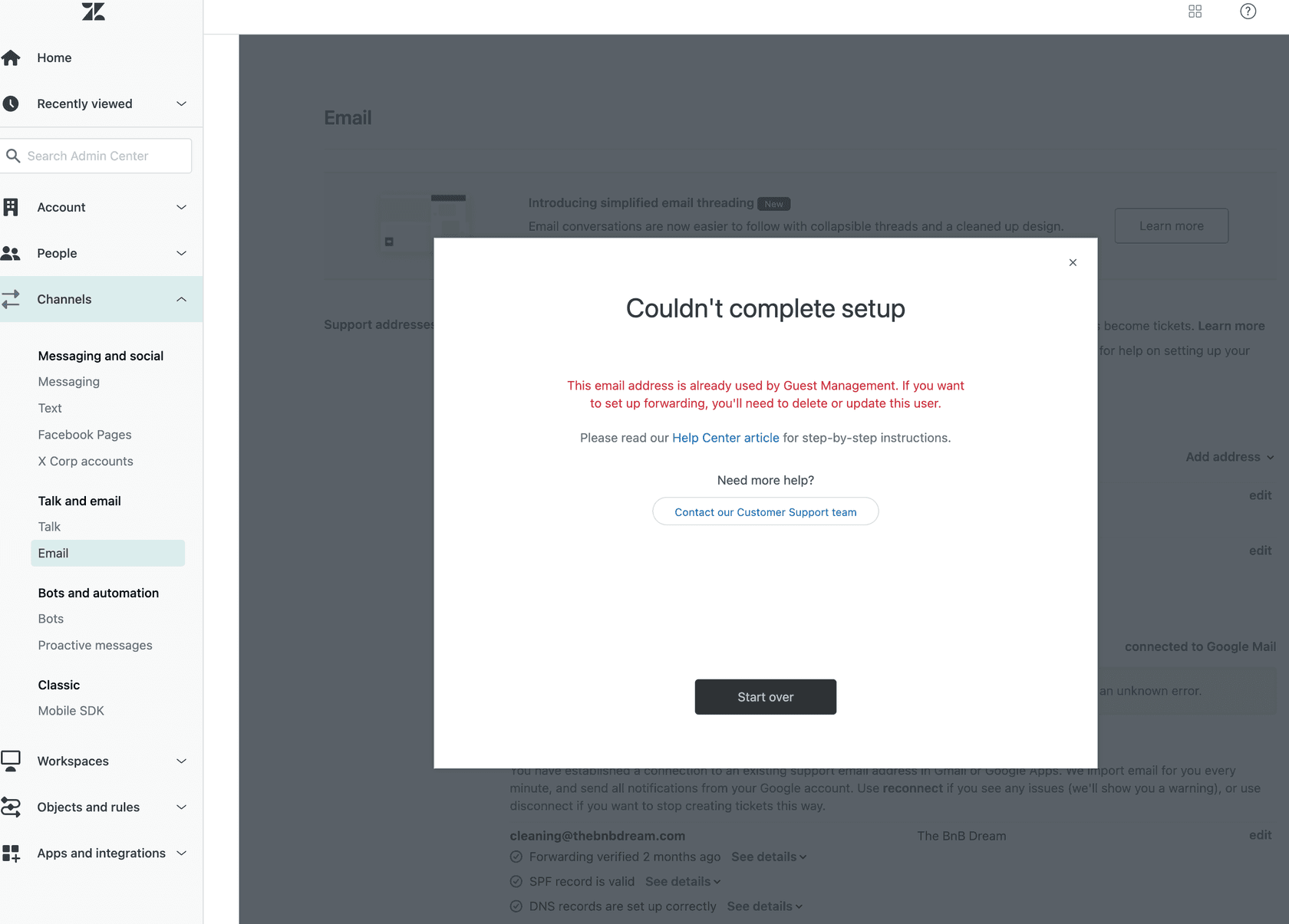 Intercom's email channel configuration panel displaying support addresses and their setup status, with an error message during a new email setup attempt.