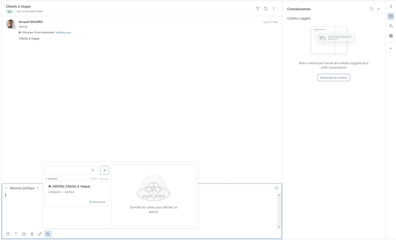 Zendesk's support interface displaying customer conversation details, knowledge base integration, and a context panel for suggested content.