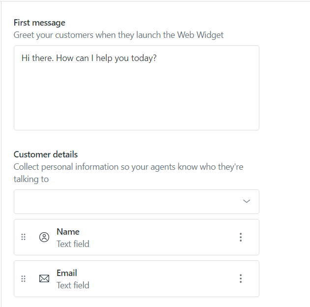 Web Widget configuration interface showing the initial greeting message and customer detail fields for metadata setup.