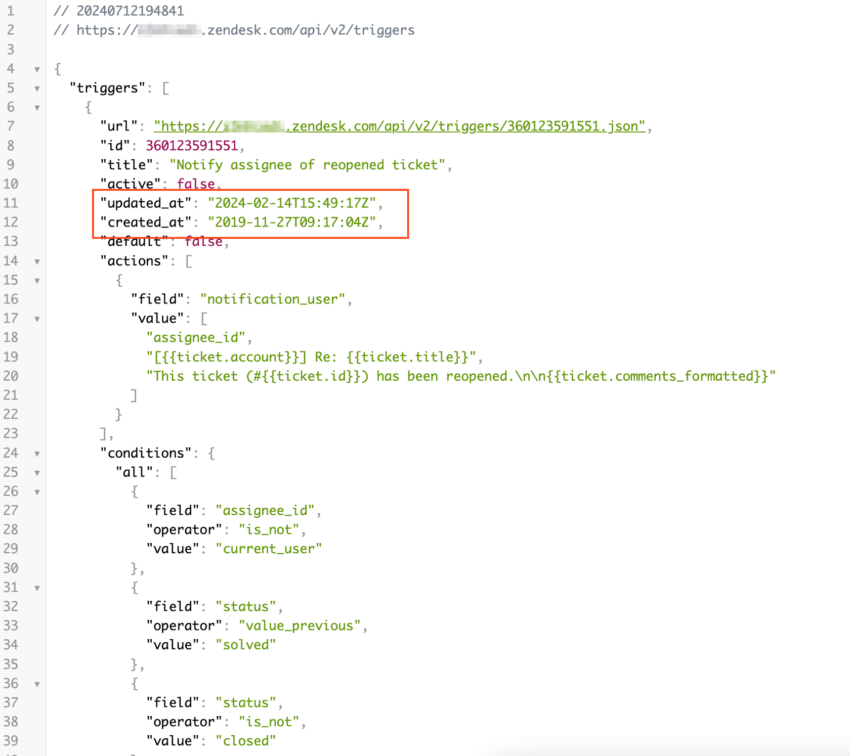 Zendesk API JSON output showing trigger configuration with conditions and actions