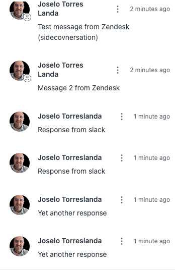 Side conversation activity log showing messages between Zendesk and Slack