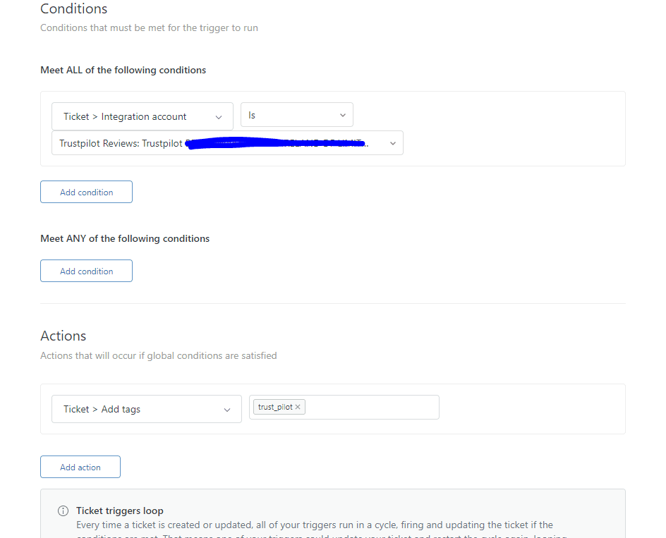 Zendesk trigger condition builder with ticket criteria and tag actions
