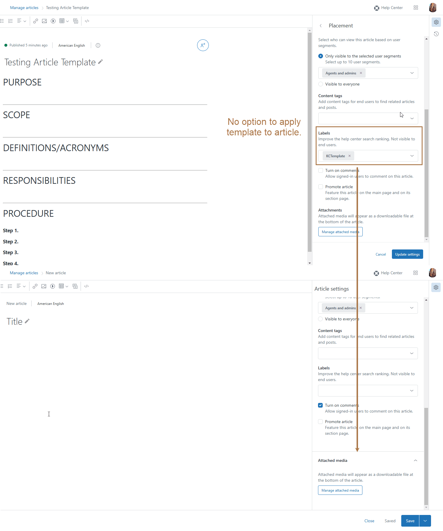 Guide Admin article editor showing the interface for editing an article template and its associated settings, including template-related labels