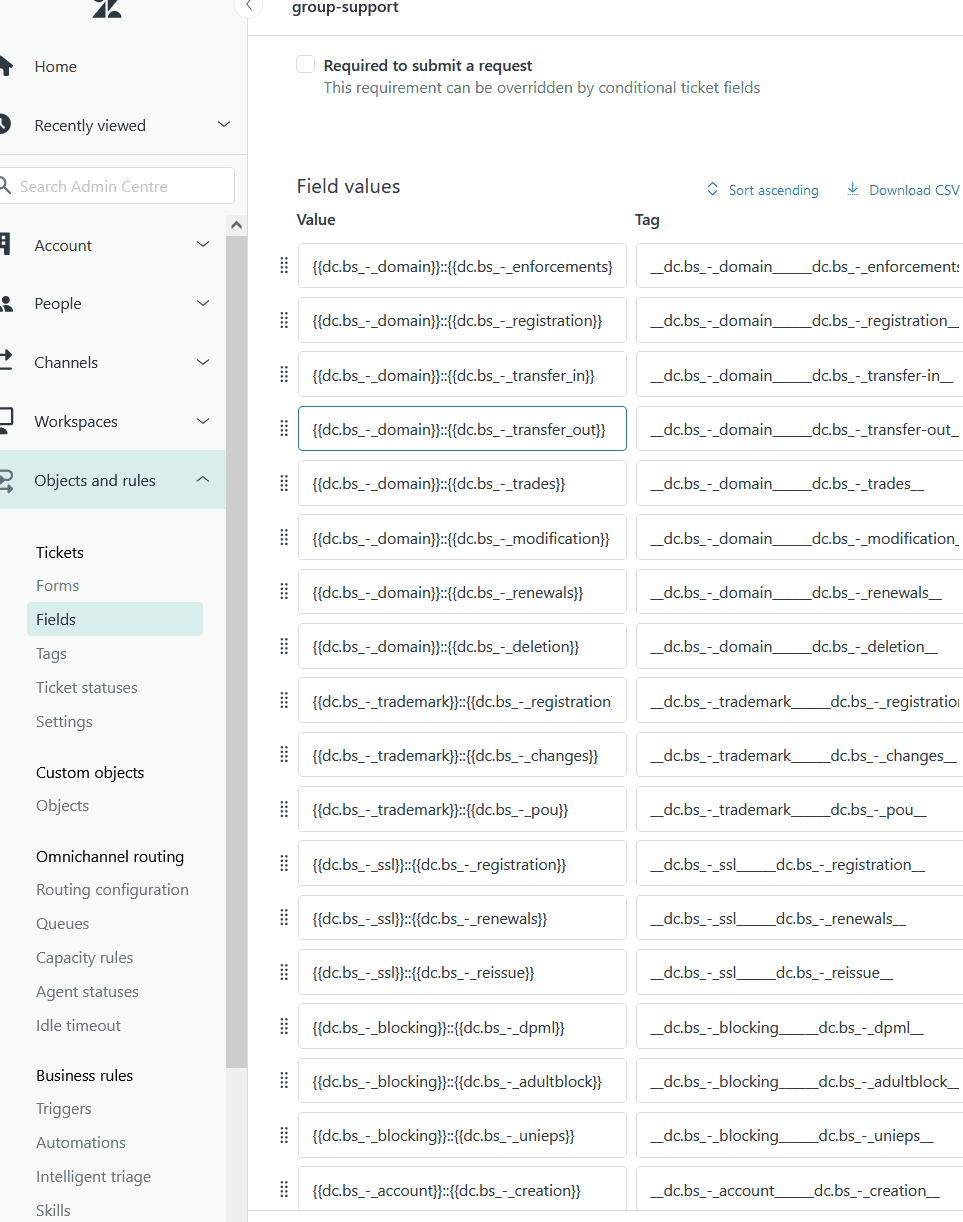 The Admin Center navigation displaying the 'Objects and rules' menu with 'Tickets' and 'Fields' selected, showing a list of field values.