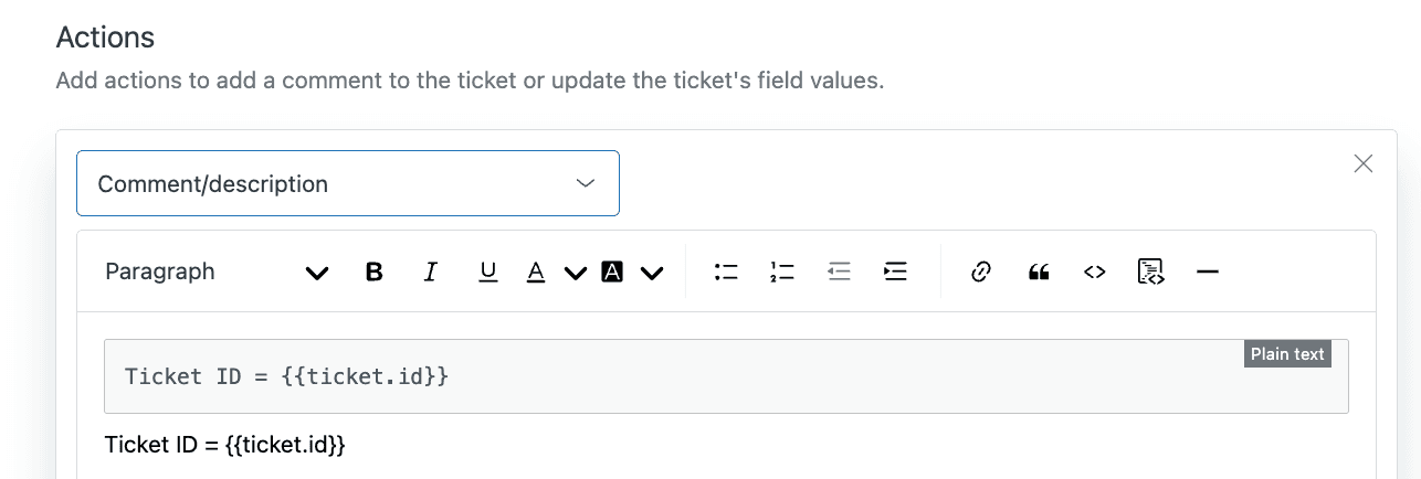Zendesk action configuration with dynamic content placeholders