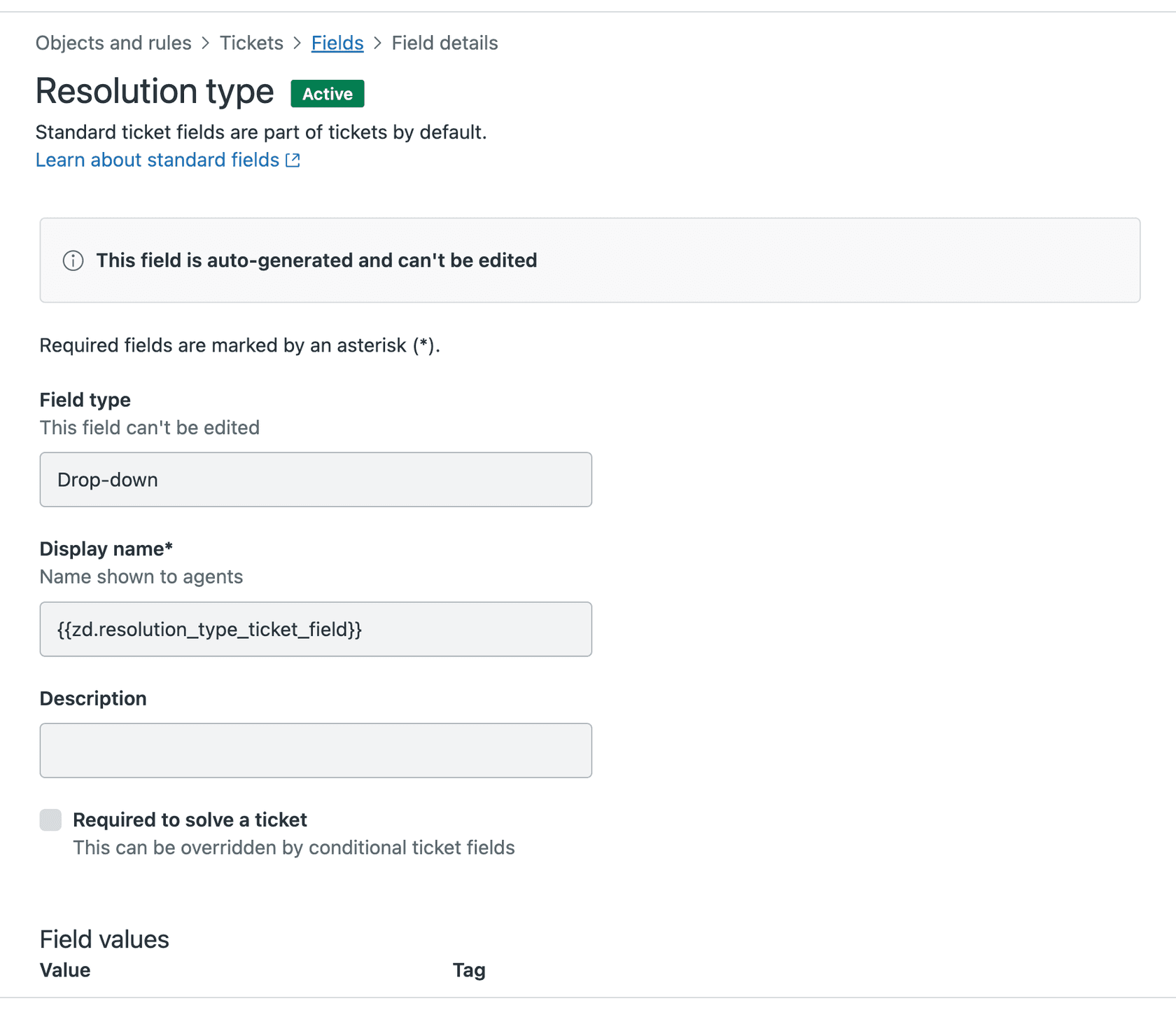 Página de detalhes do campo Zendesk com opções de configuração para um campo de ticket personalizado