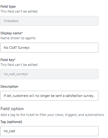 Zendesk Admin Center interface for configuring a custom field with field type and display name options