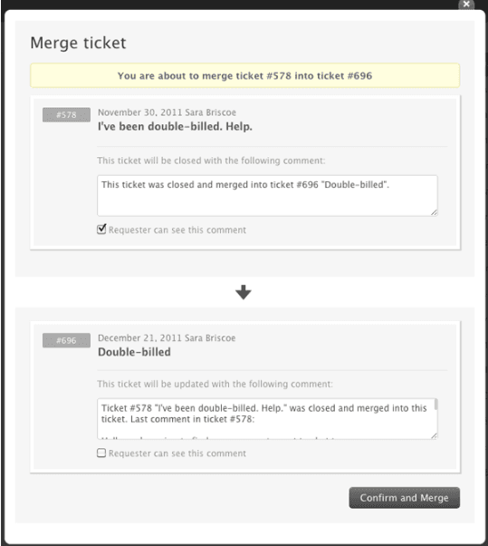 Zendesk ticket merge dialog showing the process of combining two support tickets