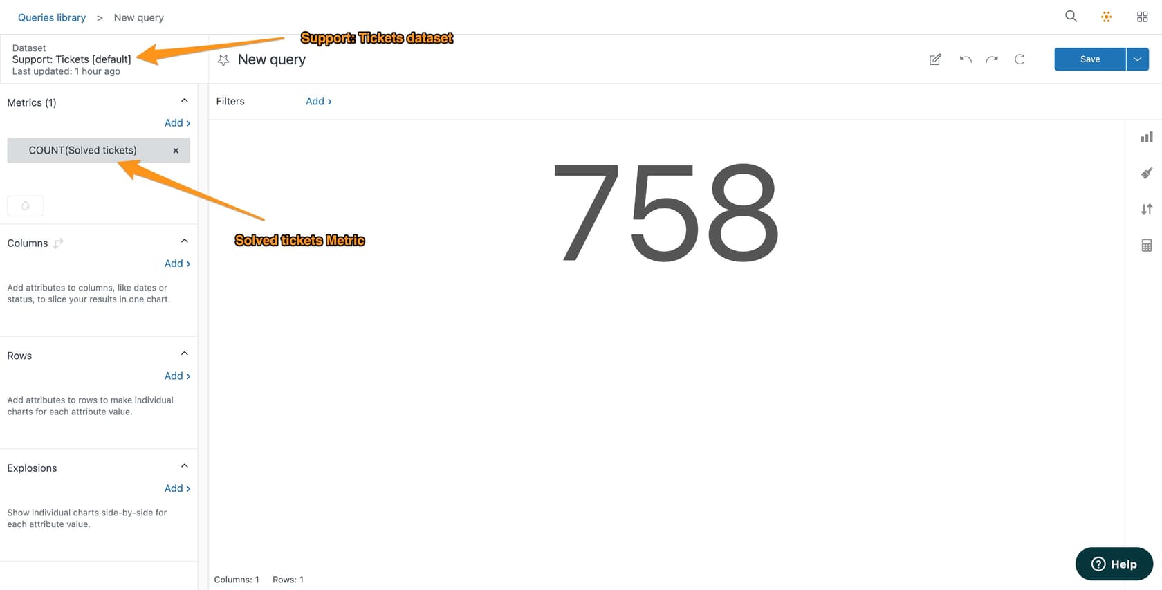 Die Abfrage-Builder-Oberfläche von Zendesk Explore zeigt Daten aus dem Datensatz Support: Tickets an.