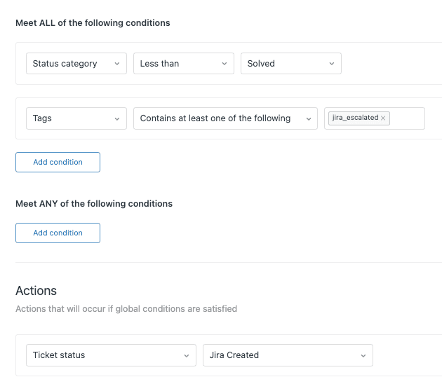 Automation rule builder displaying panels for defining 'ALL' and 'ANY' conditions, alongside the 'Actions' to be executed.