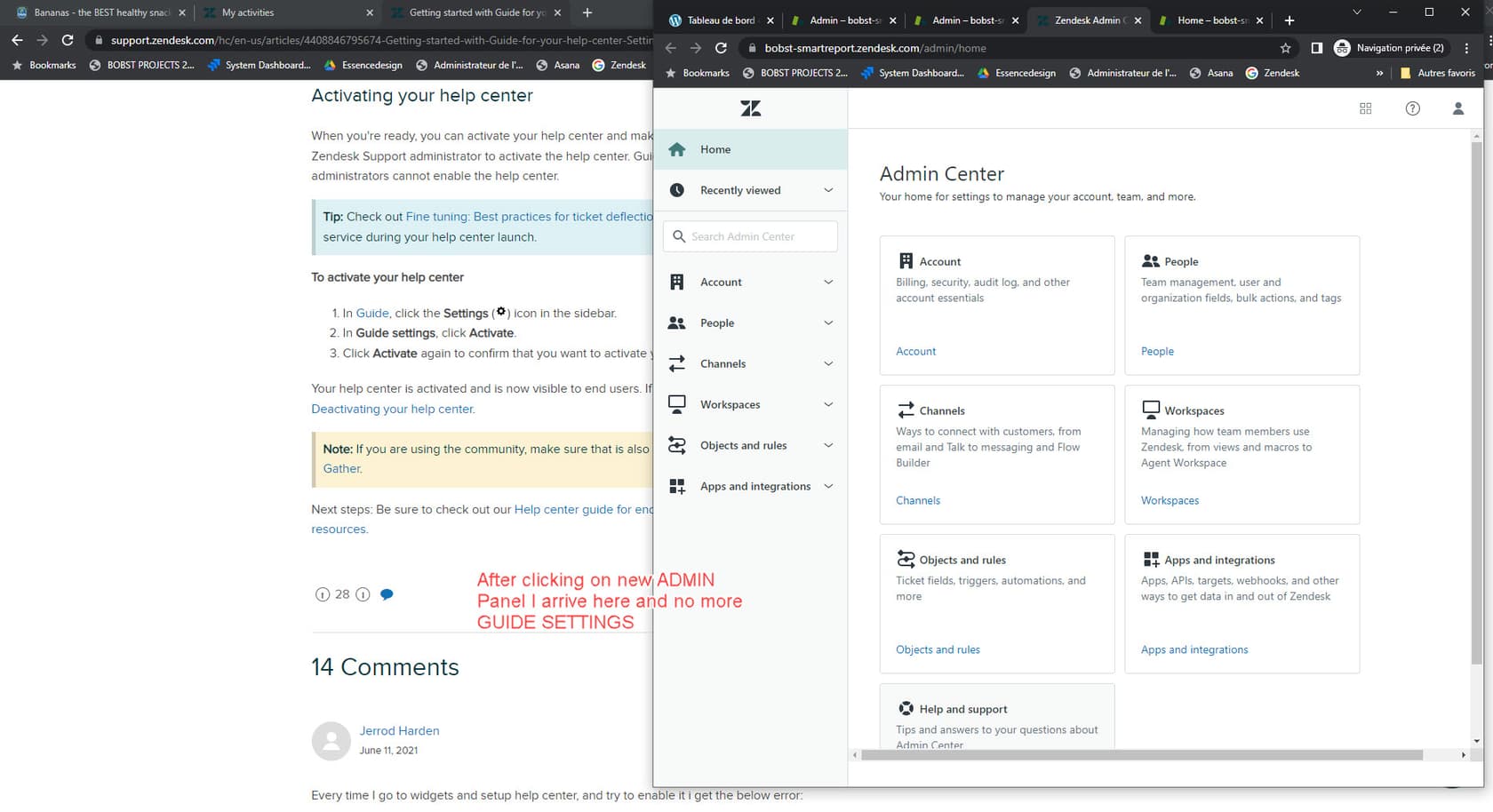 Le tableau de bord du Centre d'administration Zendesk, offrant un accès à divers paramètres administratifs, y compris ceux pour la gestion du centre d'aide.