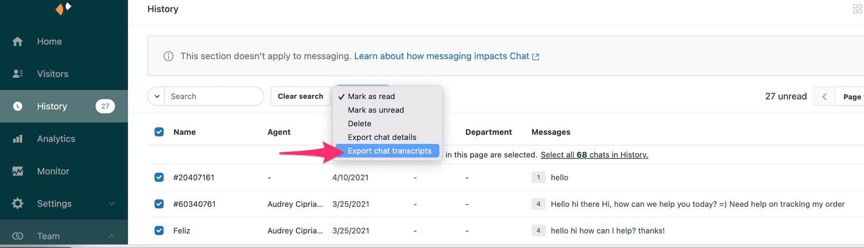 Chat history interface showing the Export chat transcripts option