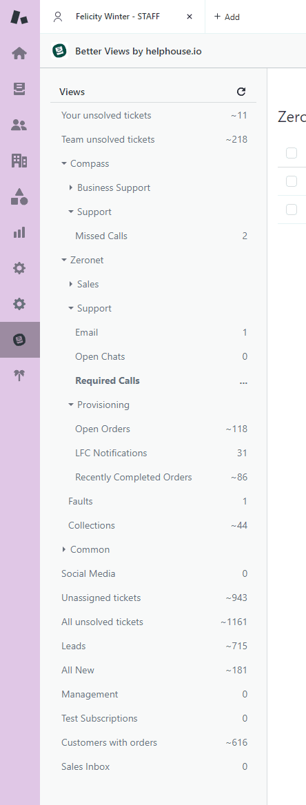 The helphouse.io 'Better Views' interface displaying a comprehensive list of available views, categorized by type and showing associated ticket counts.