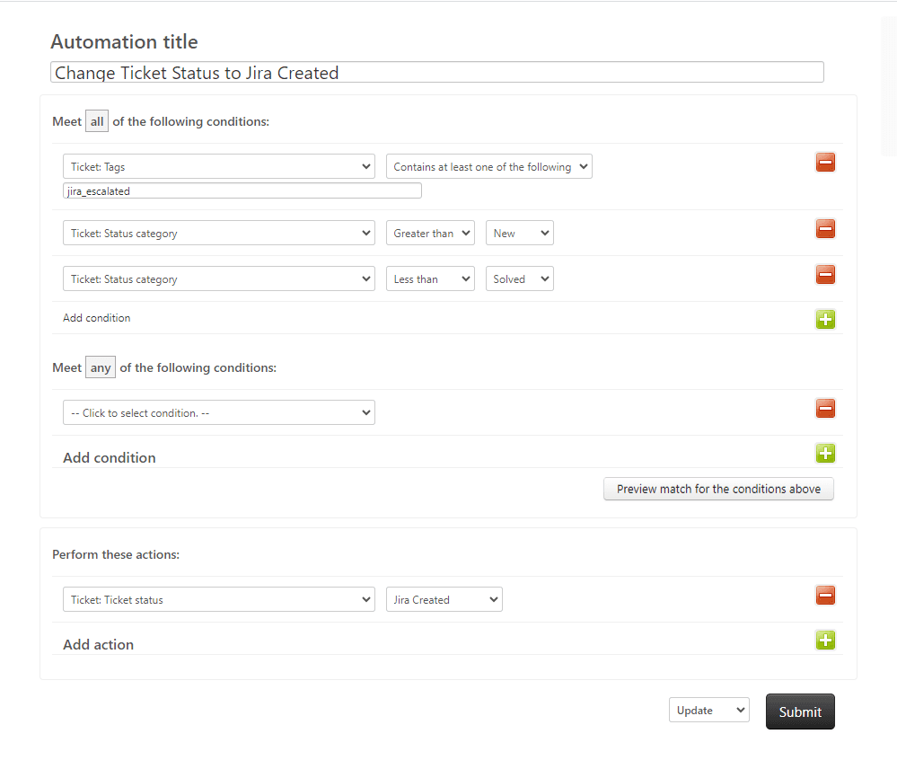 Zendesk automation creation interface with conditions and actions