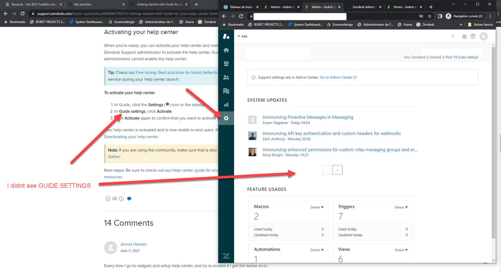 The Zendesk Admin interface showing system updates and feature usages, with a vertical navigation sidebar.