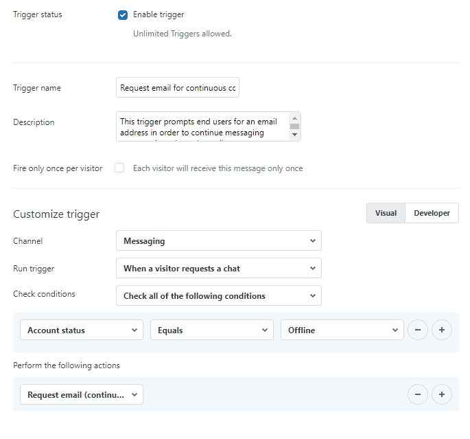 Panel de configuración de activadores de chat para solicitudes de chat de visitantes
