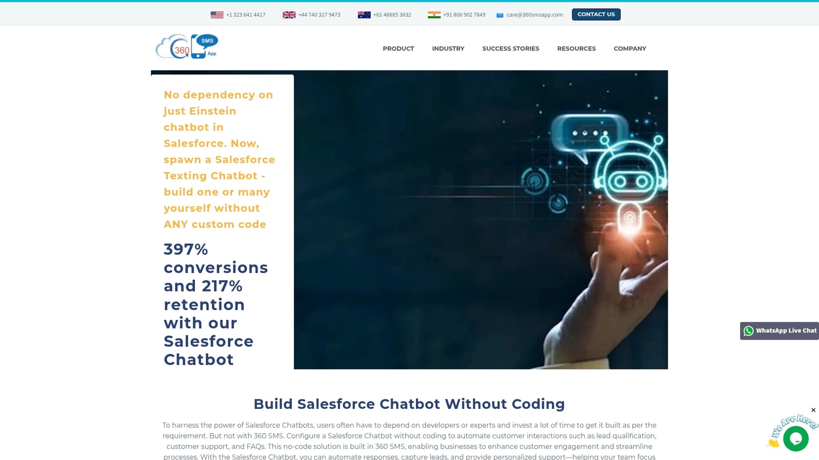 A screenshot of the 360 SMS landing page, a messaging chatbot for Salesforce.