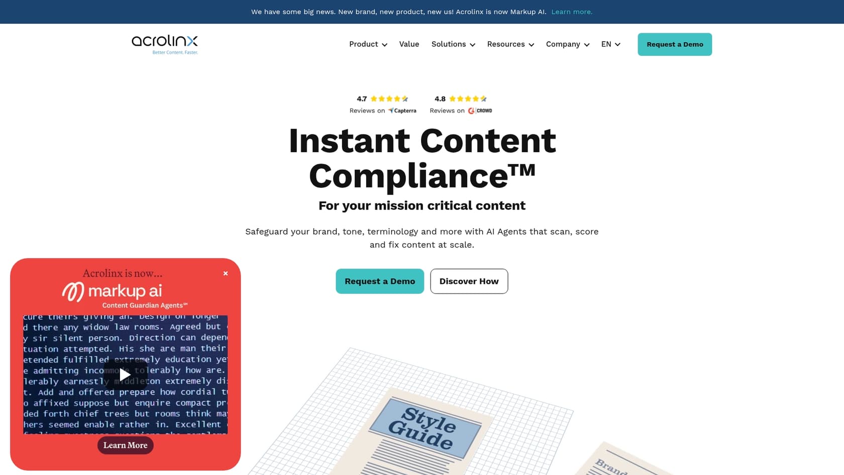 A screenshot of the Acrolinx landing page, an example of AI tools for technical writers.::