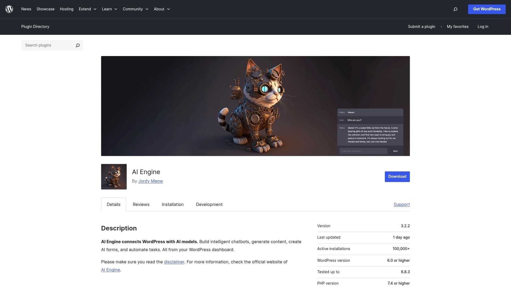 A screenshot of the AI Engine landing page, one of the best WordPress AI content writers.::