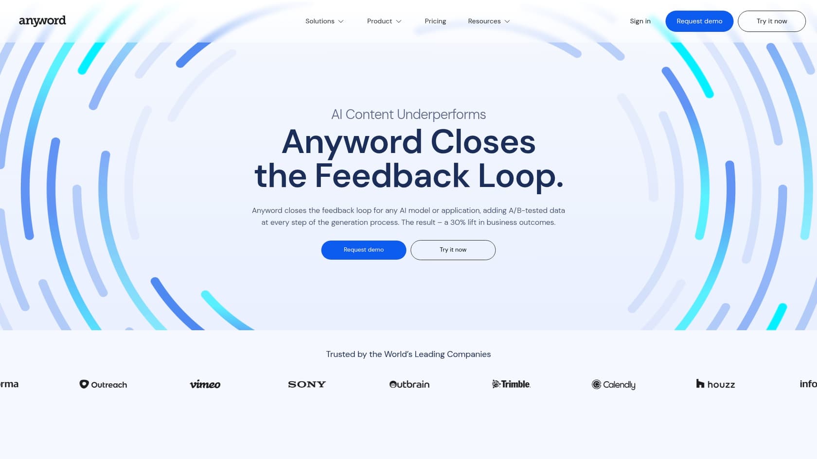 A screenshot of the Anyword.ai landing page, one of the best AI writers for tech blogs focused on conversions.