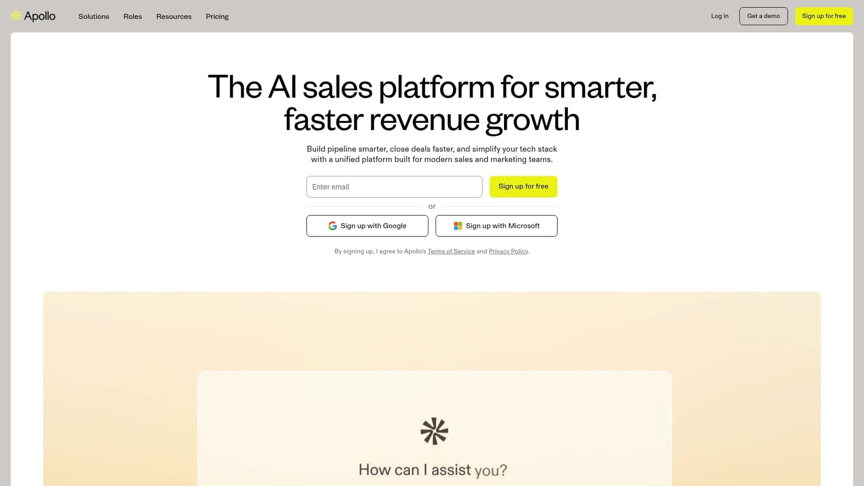 A screenshot of the Apollo.io landing page, a sales intelligence platform.