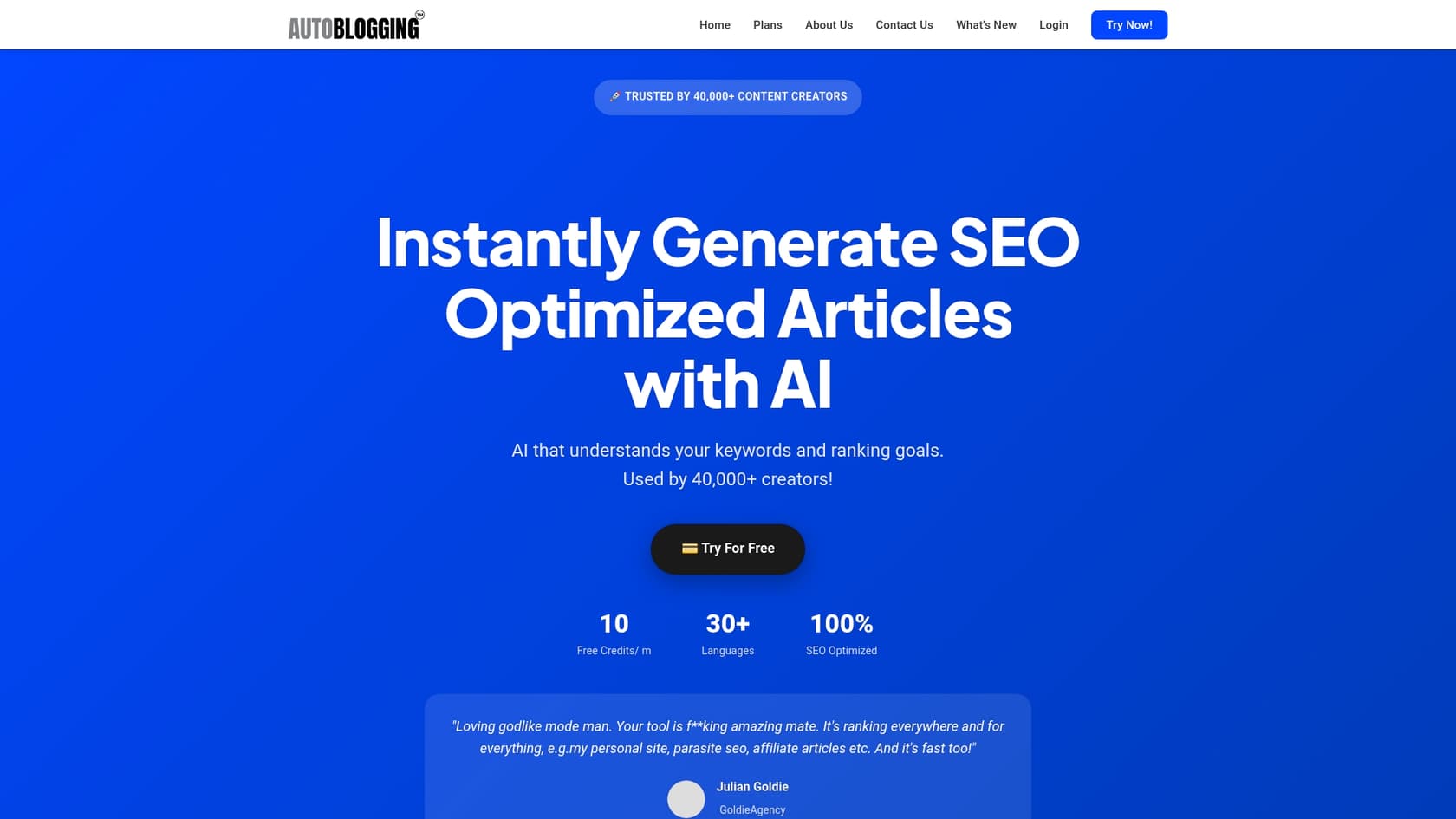 Uma captura de ecrã da página inicial do Autoblogging.ai, uma ferramenta de blog automatizado por IA.::