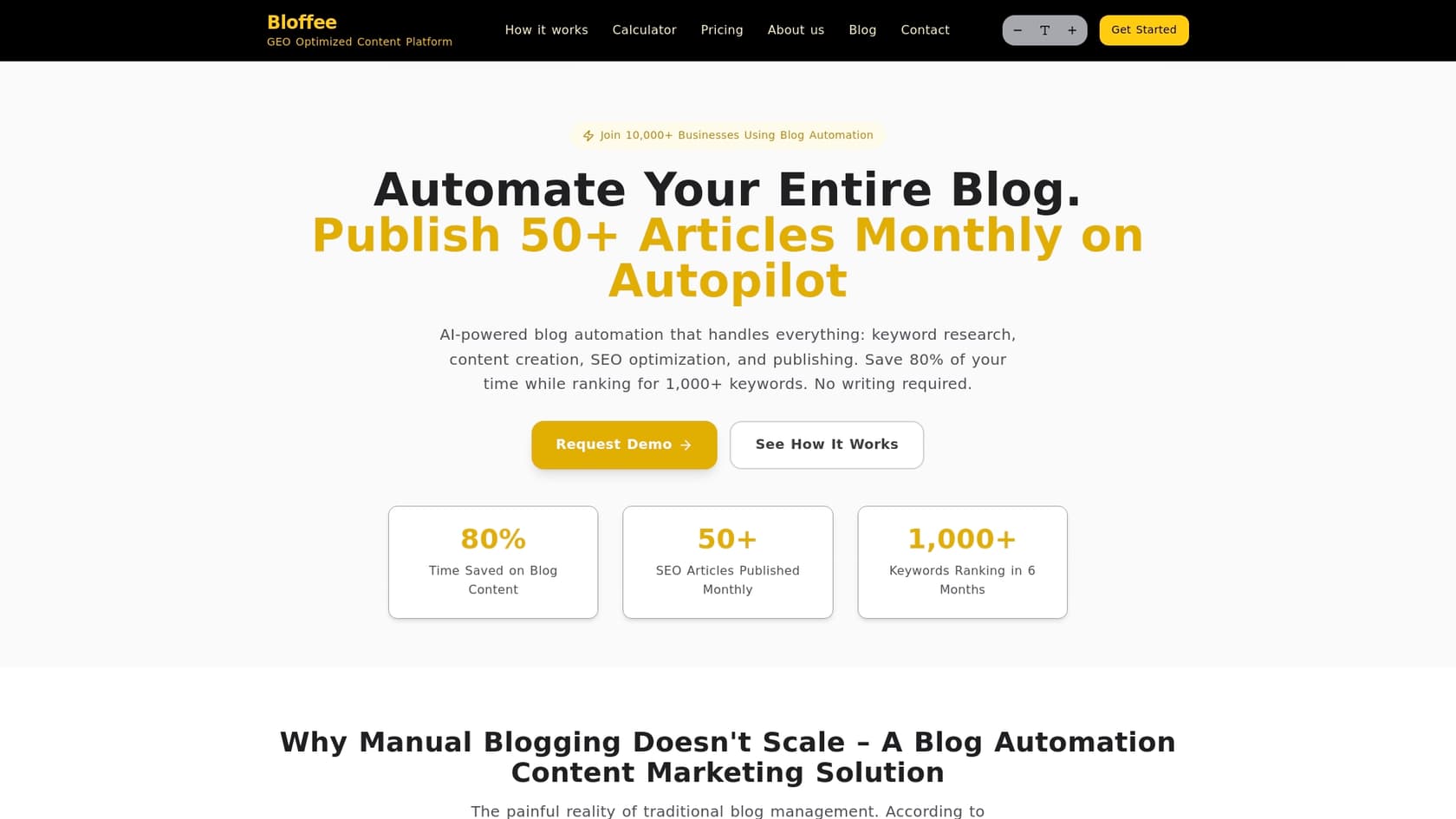 Uma captura de ecrã da página inicial do Bloffee, uma ferramenta de blog automatizado por IA de alto volume.::