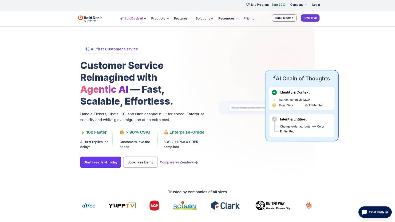 A screenshot of the BoldDesk homepage, an example of Chatbase alternatives for AI agents that offer a full helpdesk.