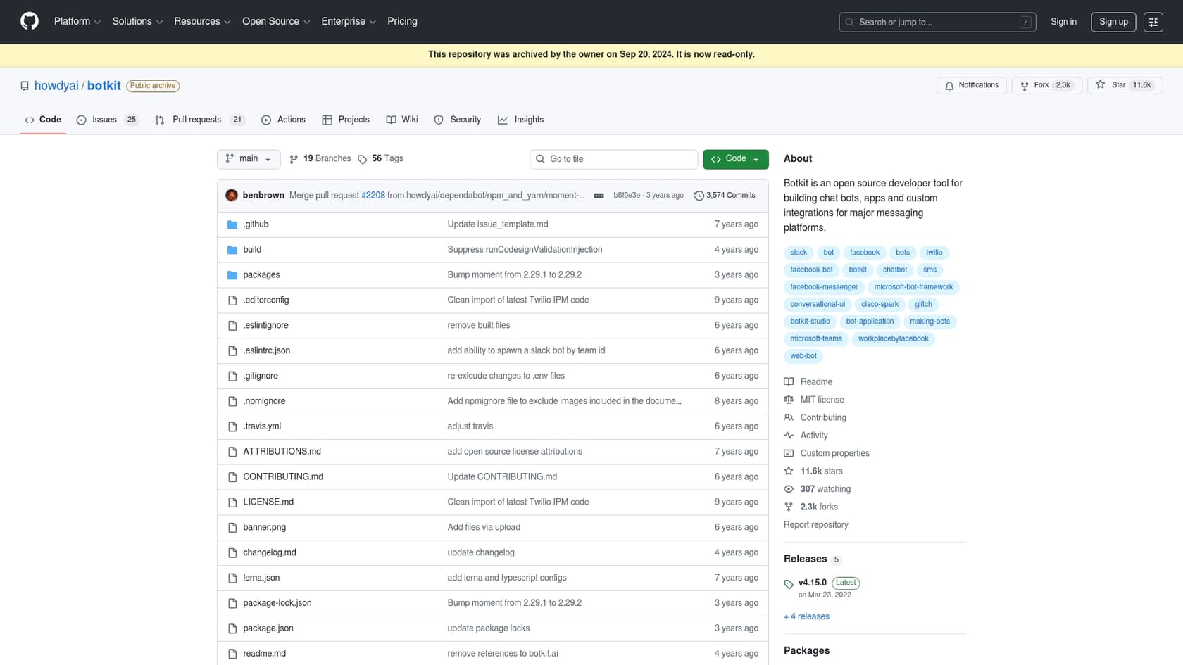 A screenshot of the Botkit GitHub page, showing that the project has been archived.::