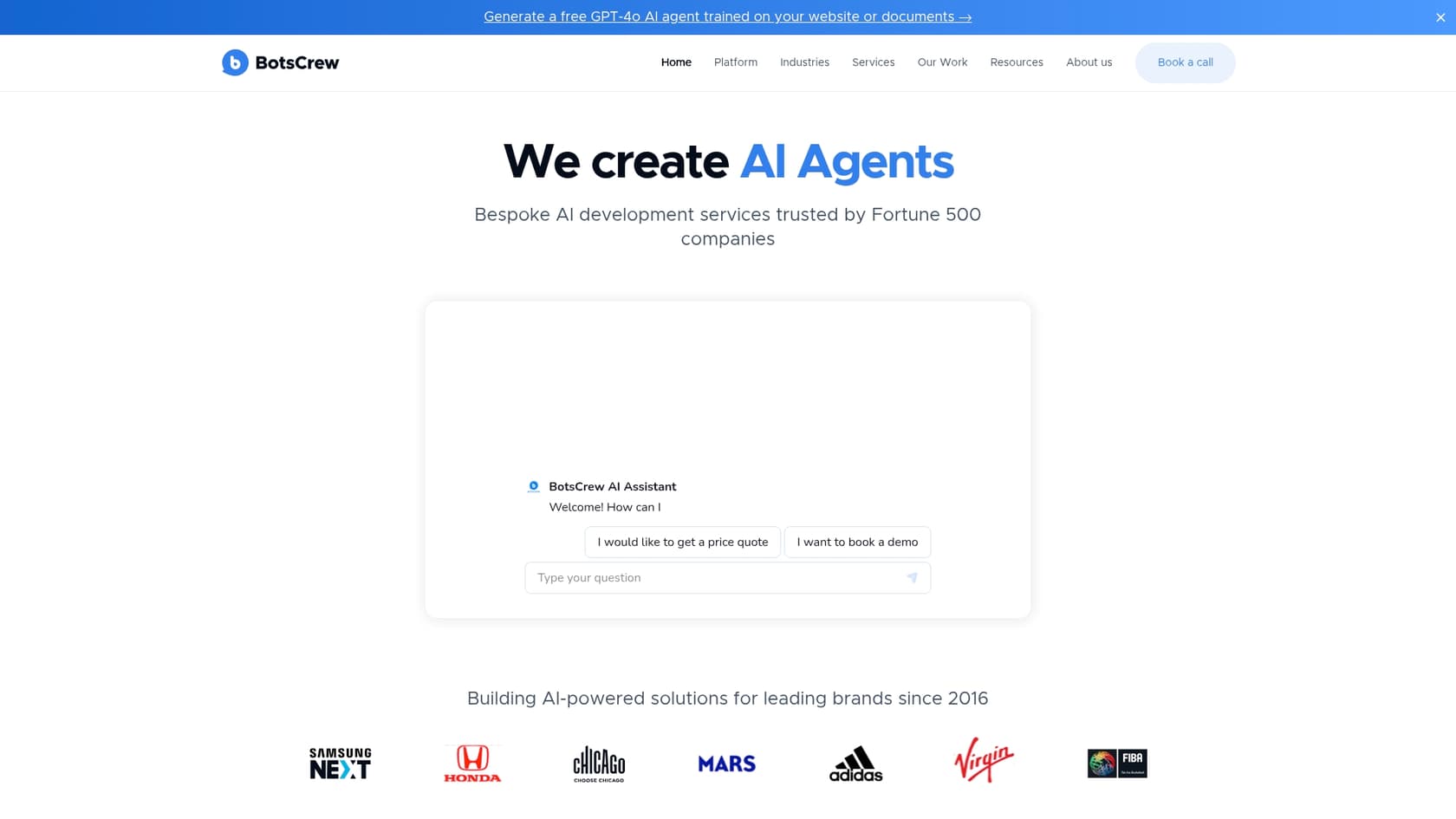 Una captura de pantalla de la página de inicio de BotsCrew, un ejemplo de chatbot de IA personalizado para Salesforce.