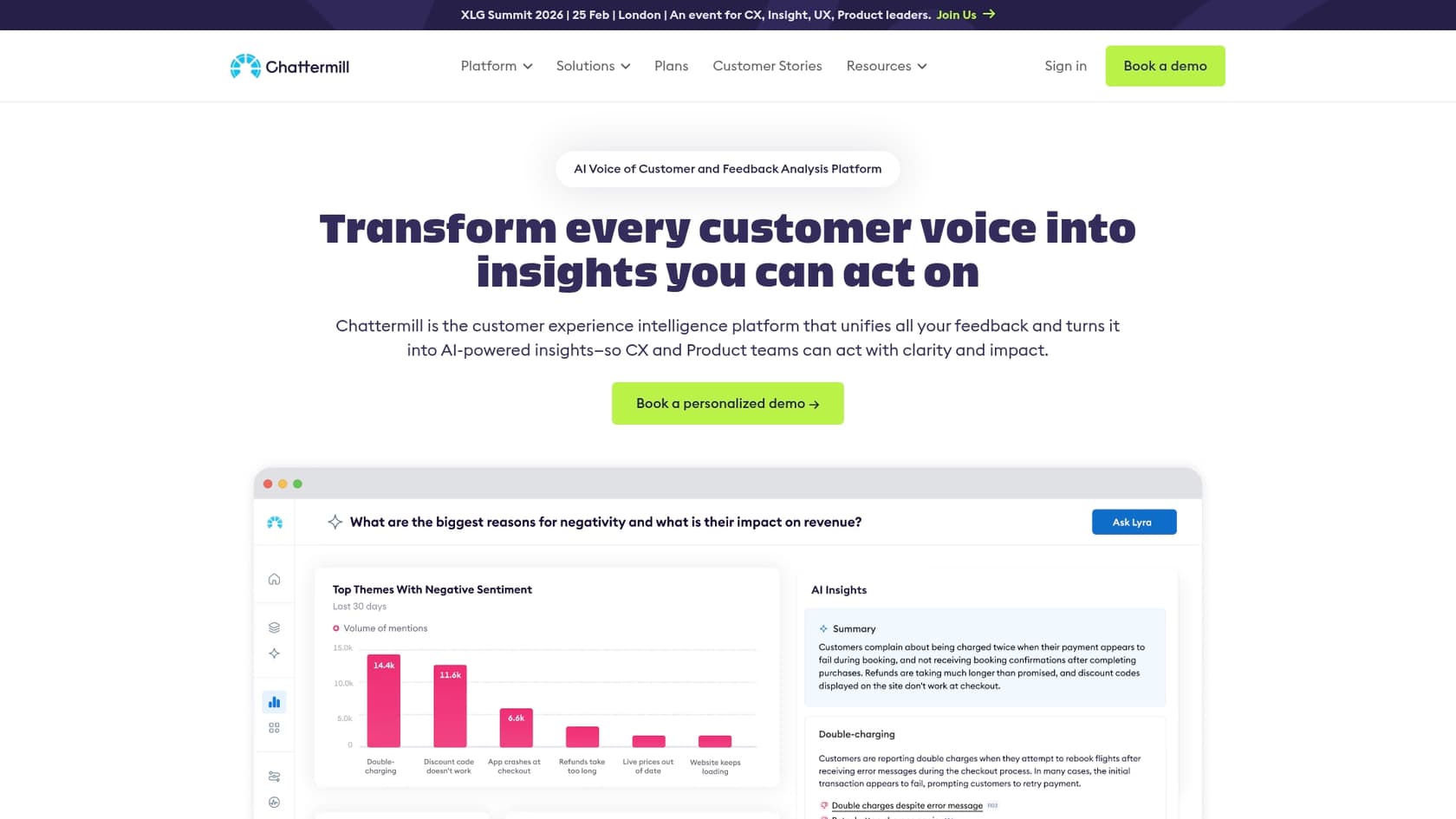 A screenshot of the Chattermill landing page, one of the AI tools integration with Gorgias.::