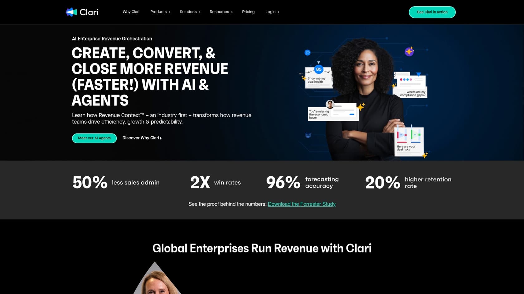 A screenshot of the Clari landing page, which is one of the best Salesforce AI assistants.::