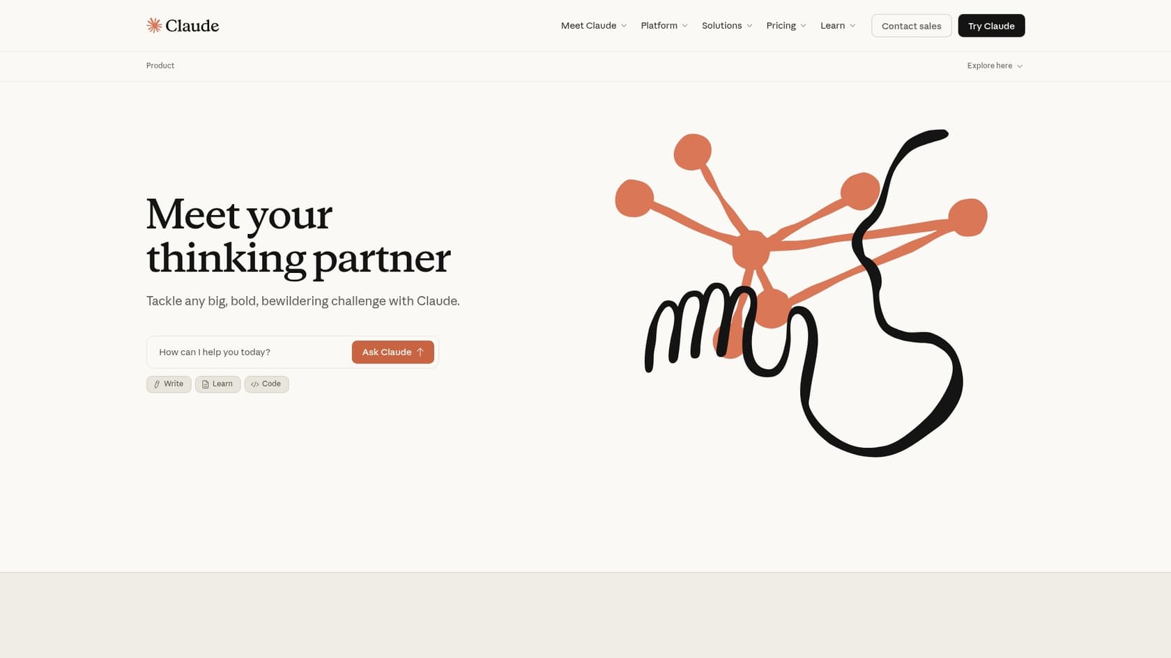 A screenshot of the Claude landing page, which is one of the best chatbot for developers.::