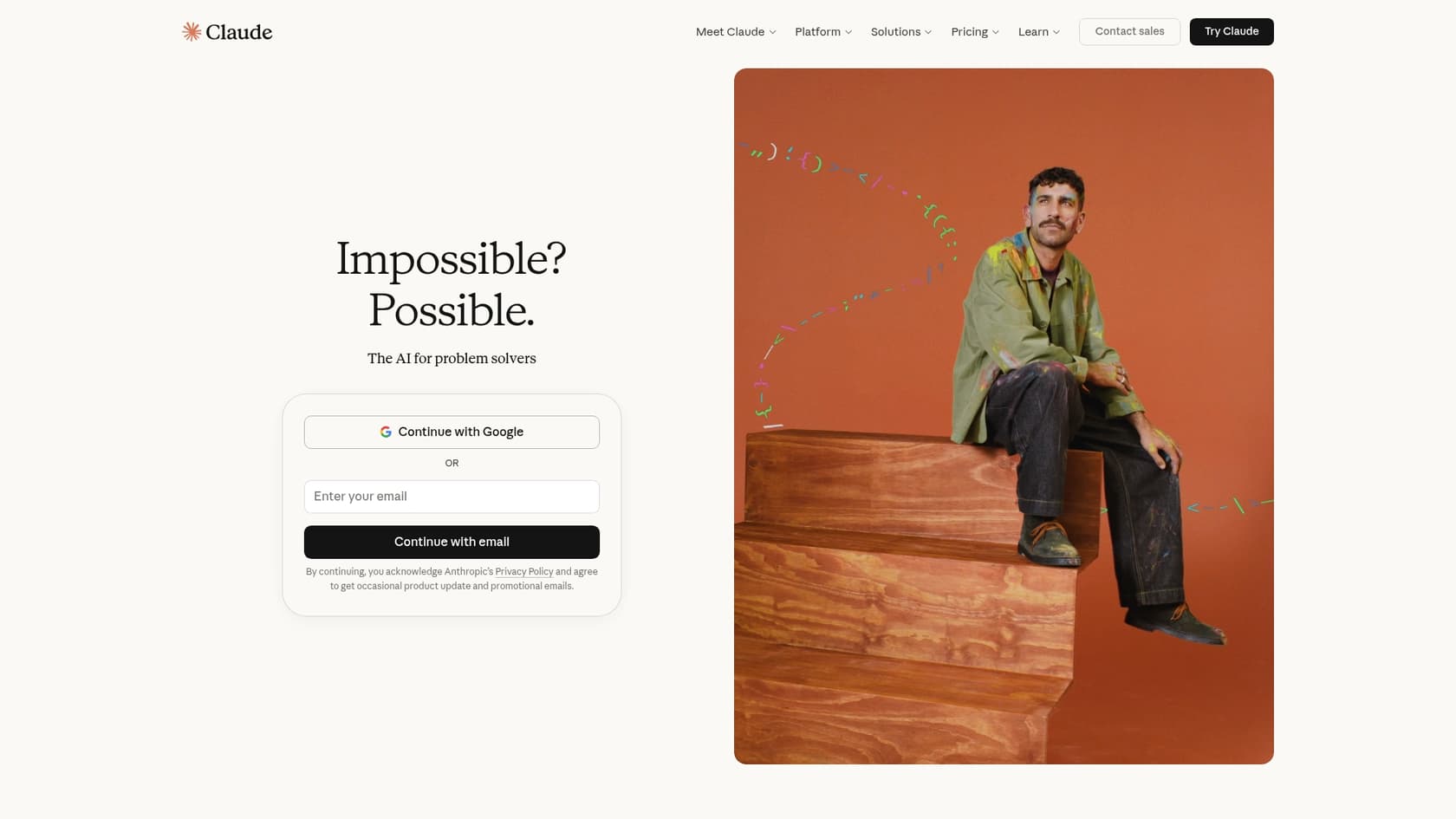 A screenshot of the Claude landing page, another excellent LLM for Salesforce developers.::