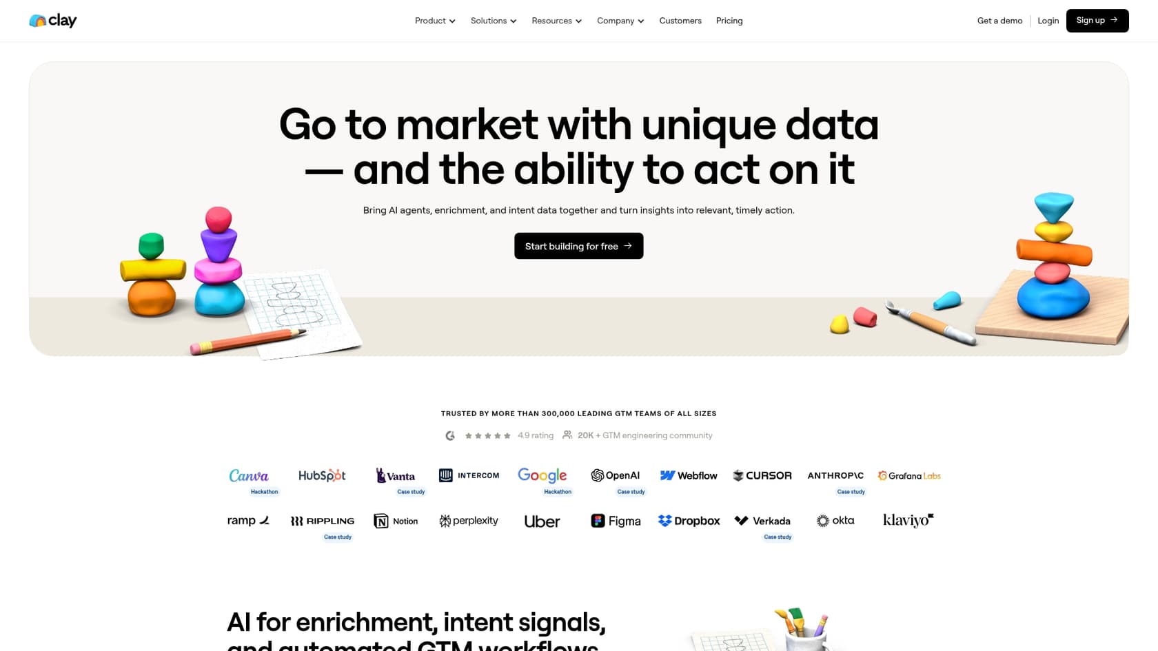 A screenshot of the Clay landing page, a data enrichment and prospecting tool.