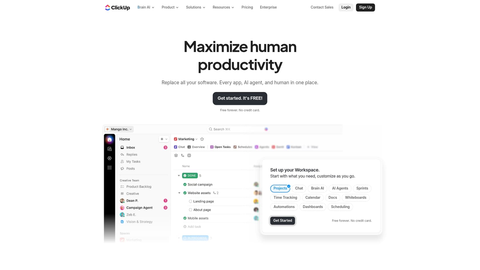 A screenshot of the ClickUp landing page, one of the best Jira alternatives.