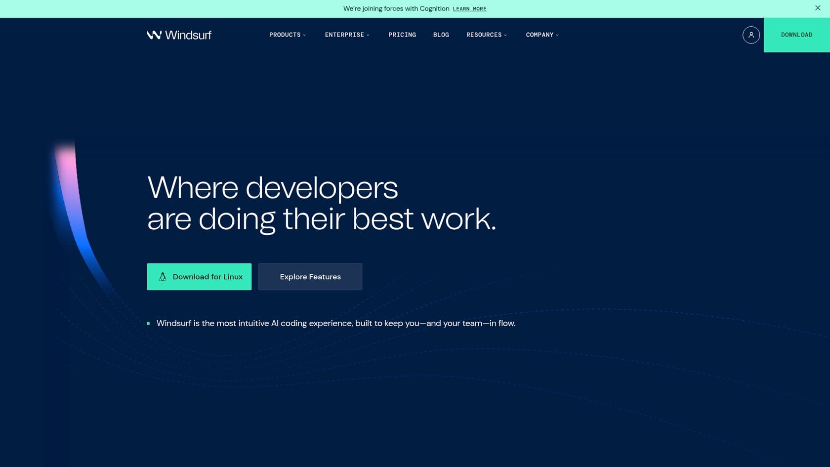 Uma captura de ecrã da página inicial do WindSurf (anteriormente Codeium), uma escolha rápida para a melhor IA para programação em Salesforce.::