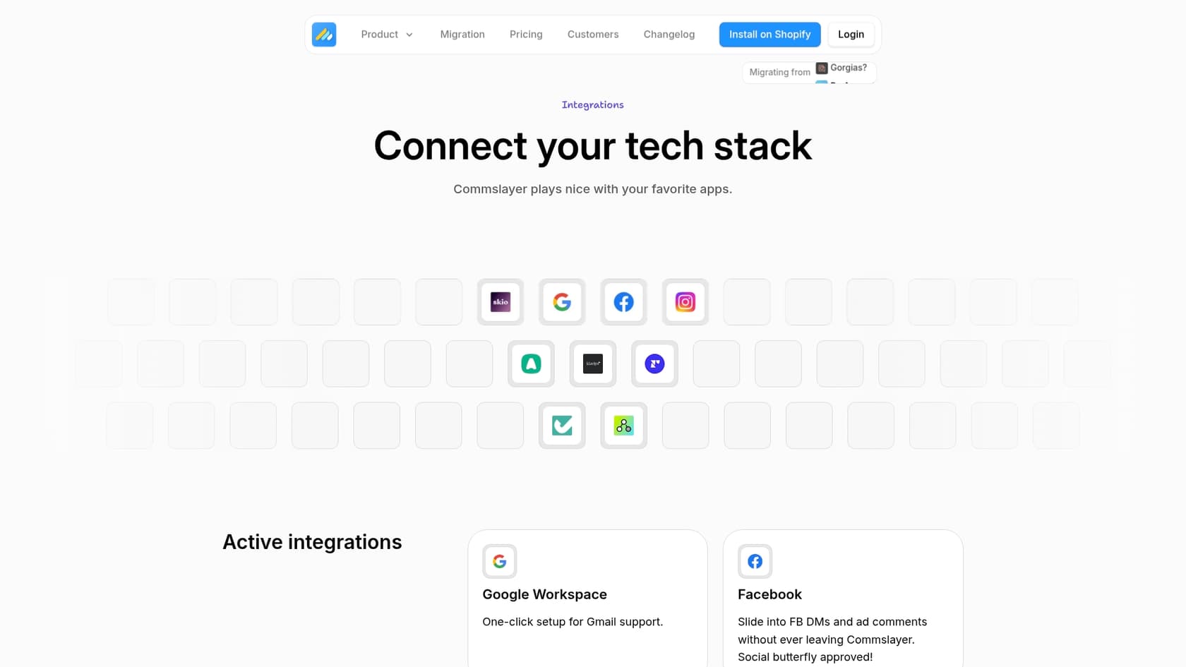 A screenshot of the Commslayer integrations page, as discussed in this Commslayer review.::