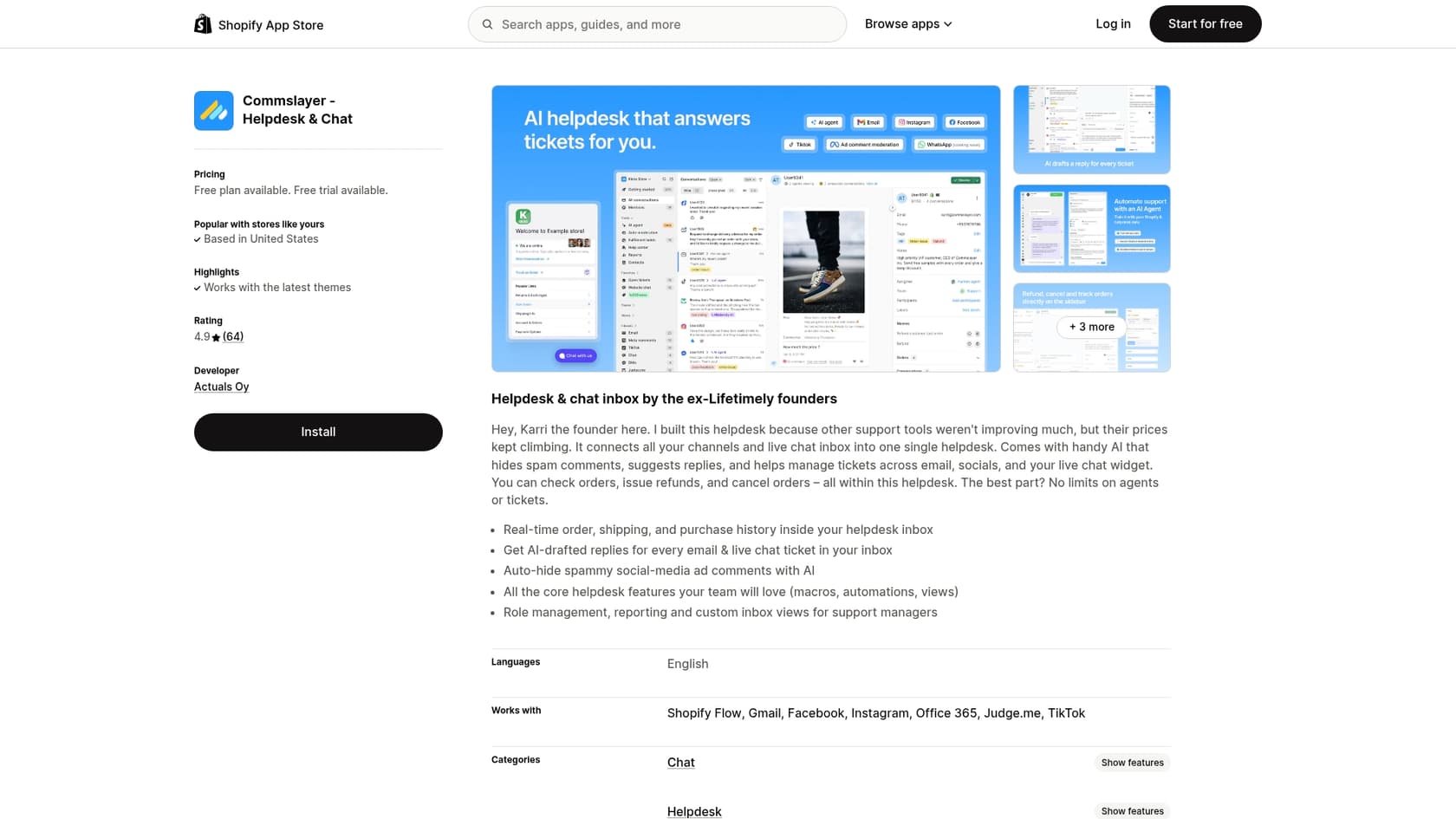 A screenshot of the Commslayer Shopify app page, relevant for this Commslayer review.::