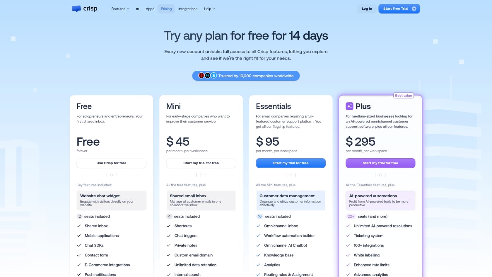 A screenshot showing the pricing plans for the Crisp live chat service.