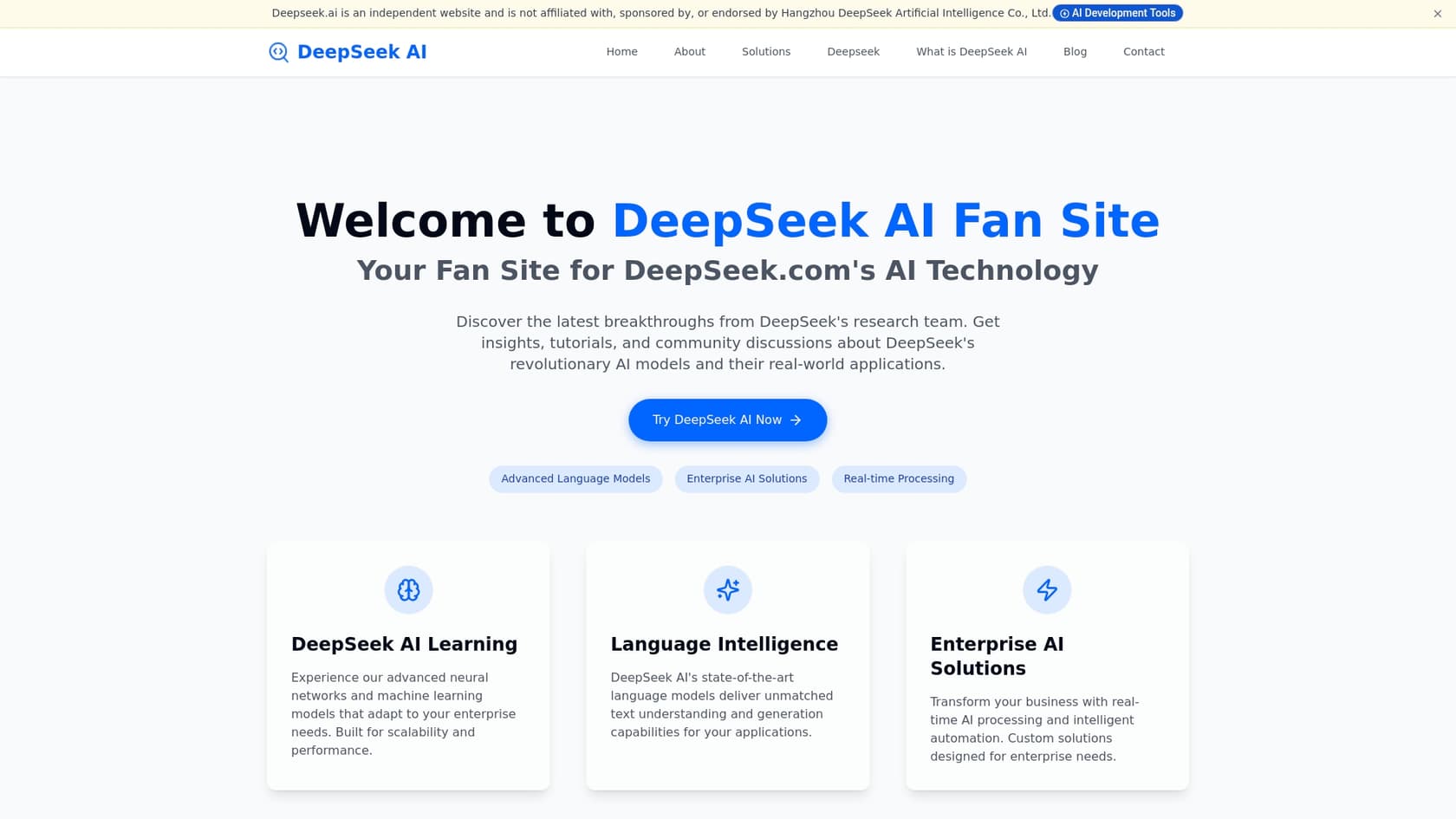 A screenshot of the DeepSeek landing page, a free Google Gemini 3 alternative for technical users.