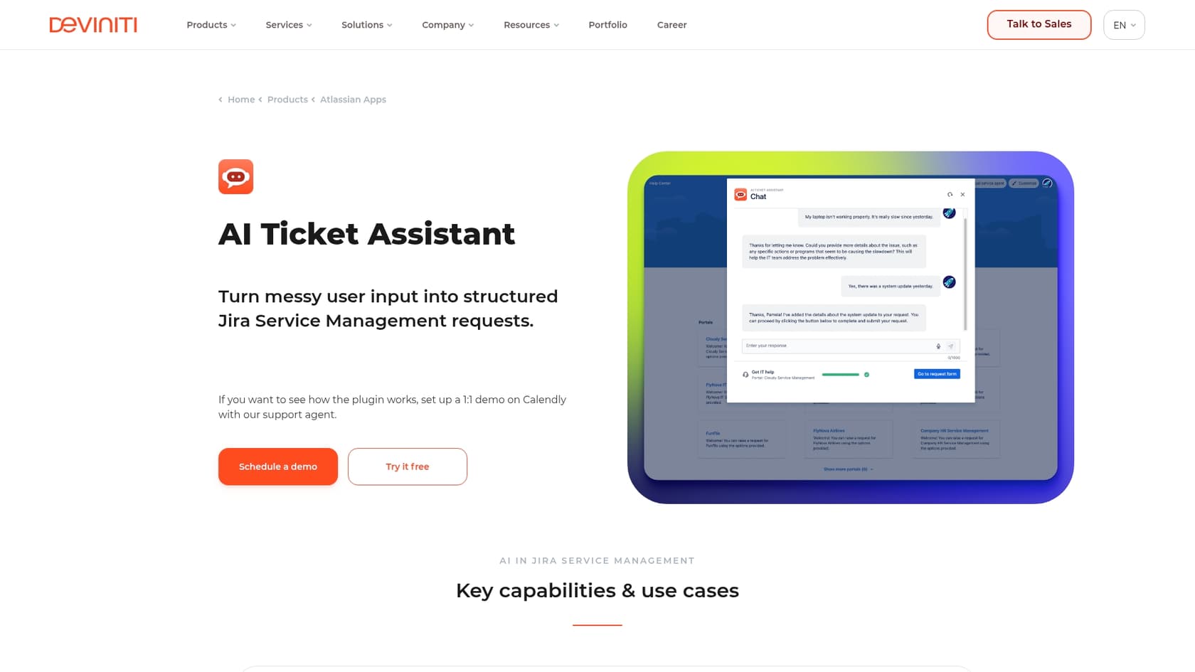 A screenshot of the AI Ticket Assistant by Deviniti landing page, an alternative Atlassian AI ticket assistant.